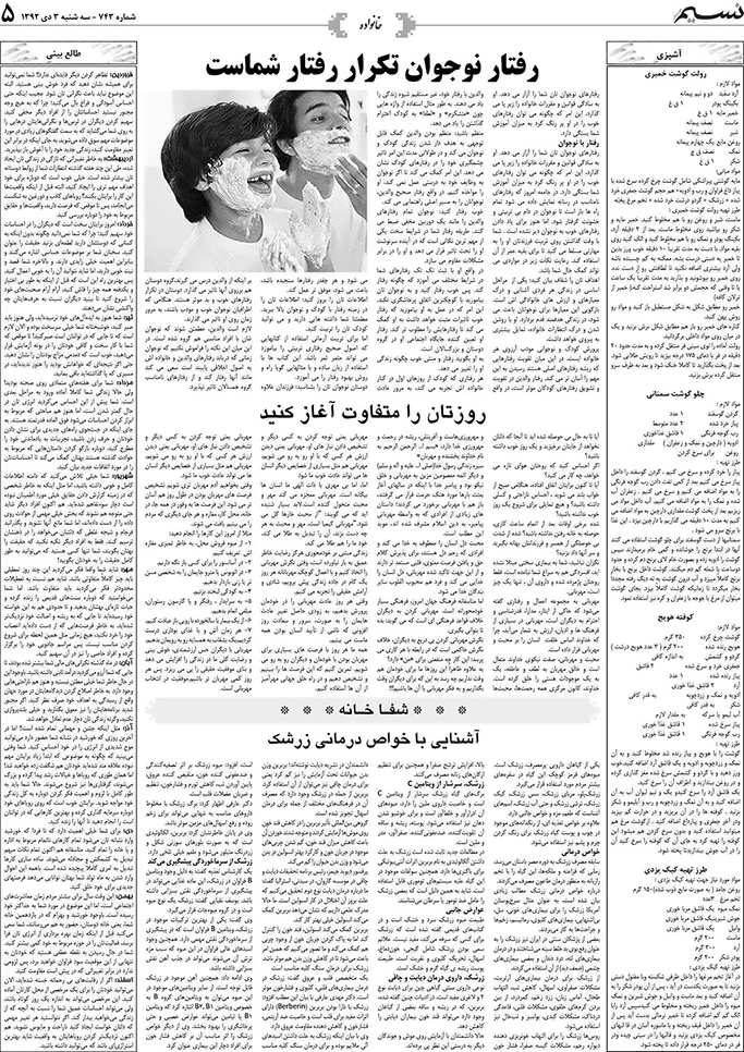 صفحه خانواده روزنامه نسیم شماره 743